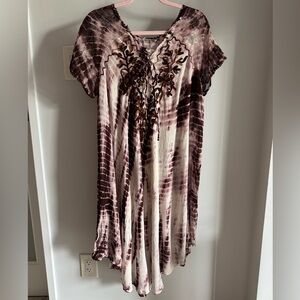 Bohemian Cute Options Tie Dye Rayon Flowy Free Spirit Midi Dress w Embroidery L